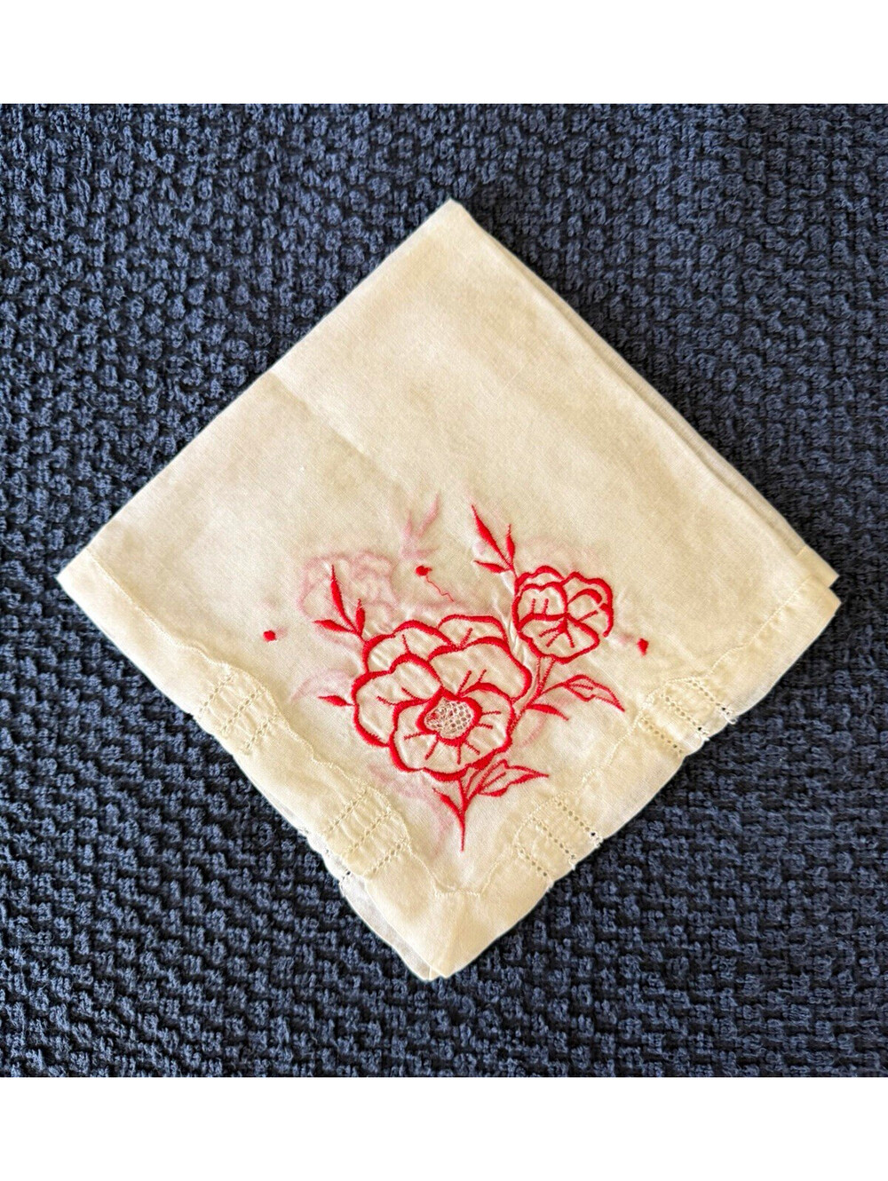 White Cotton Handkerchief Red Floral Embroidery Scalloped Edge Square